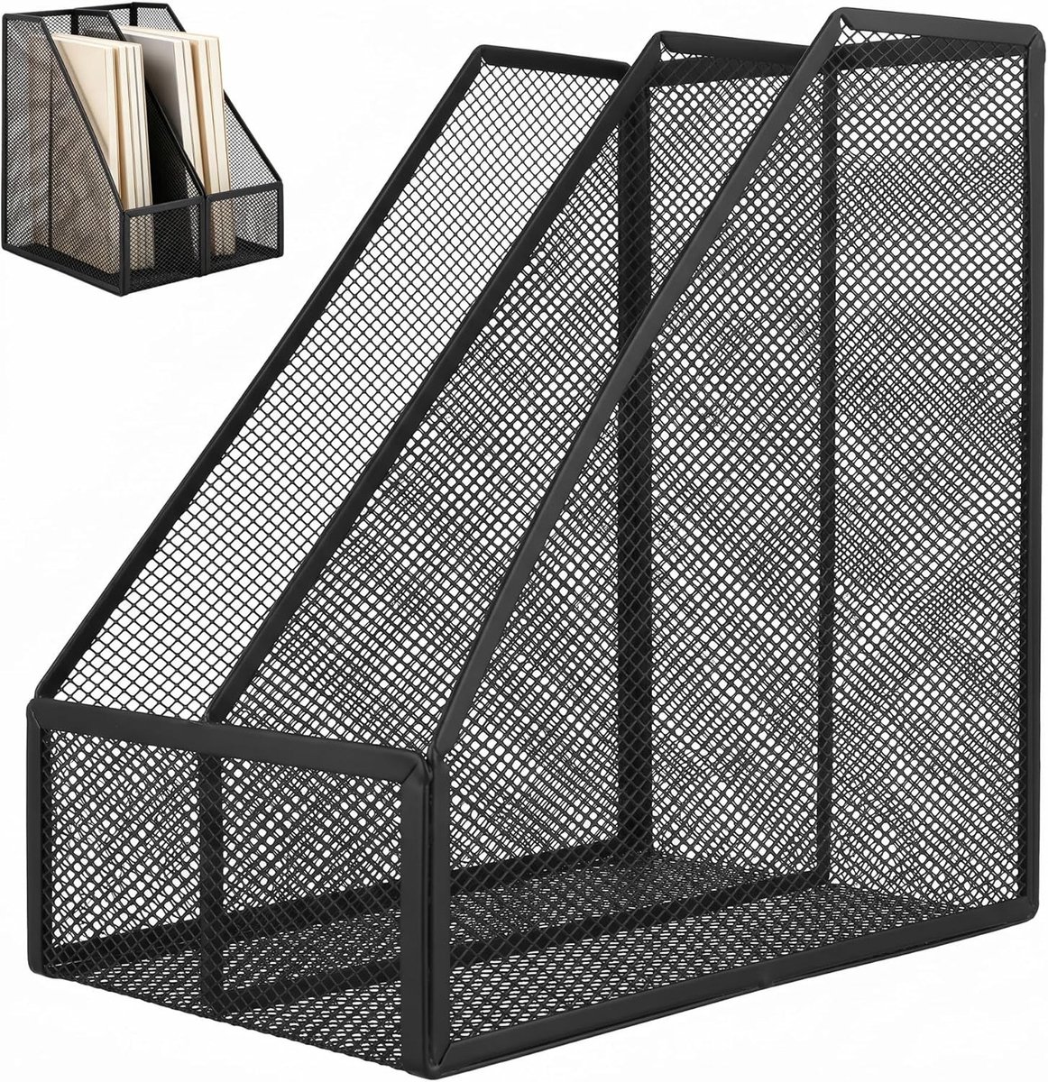 Tijdschriftenhouder van metaal, 2-delige zwarte maphouder voor bureau, decoratieve opbergoplossing, 26 x 26 x 16 cm, stijlvolle bureauaccessoires voor organisatie