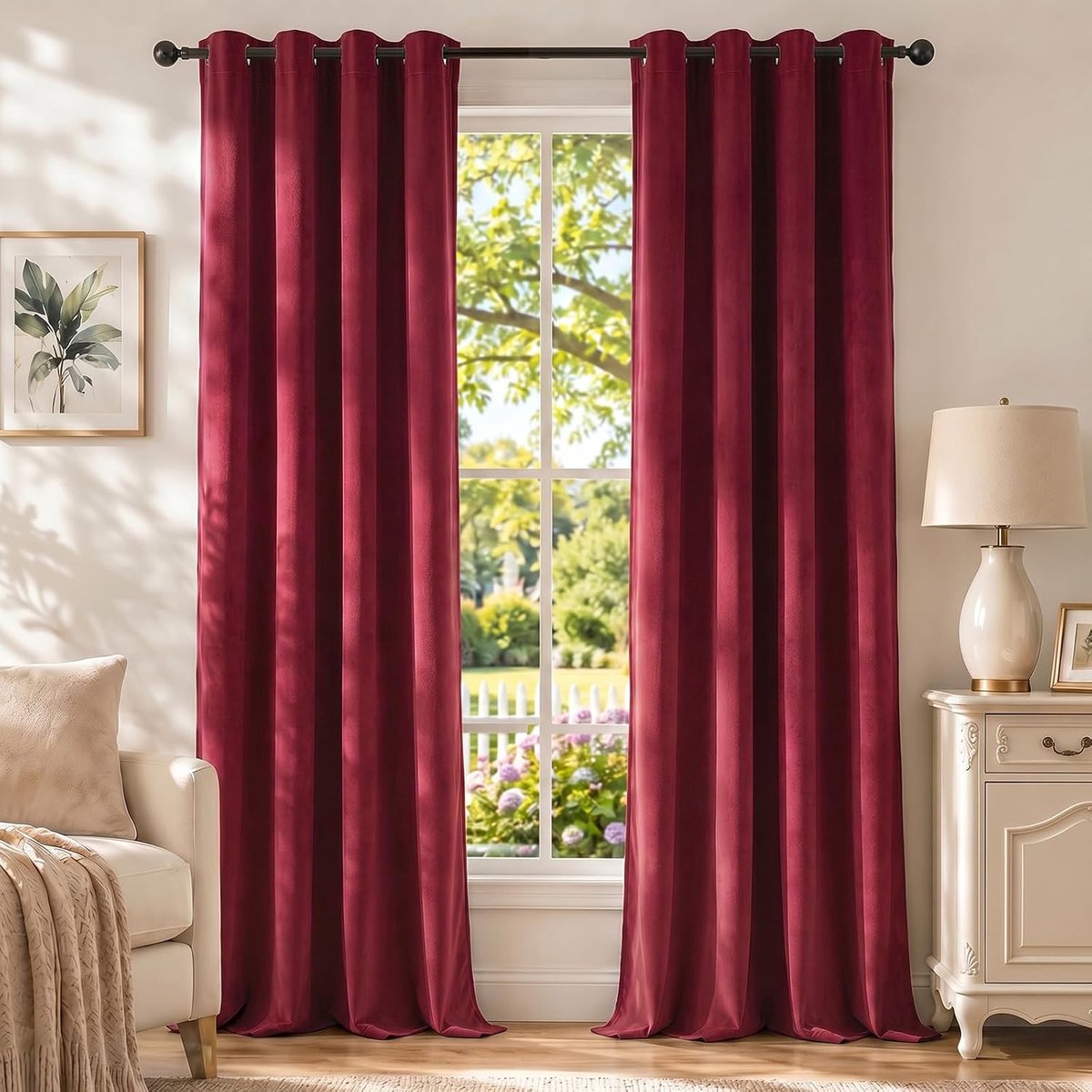 Gardinen Samt 2er Set, 100% Verdunklungsvorhänge, Thermovorhang Gegen Kälte Und Hitze, Vorhänge Blickdicht Schlafzimmer Wohnzimmer, Schallschutz Vorhang Mit Ösen, 140×300cm, Weinrot