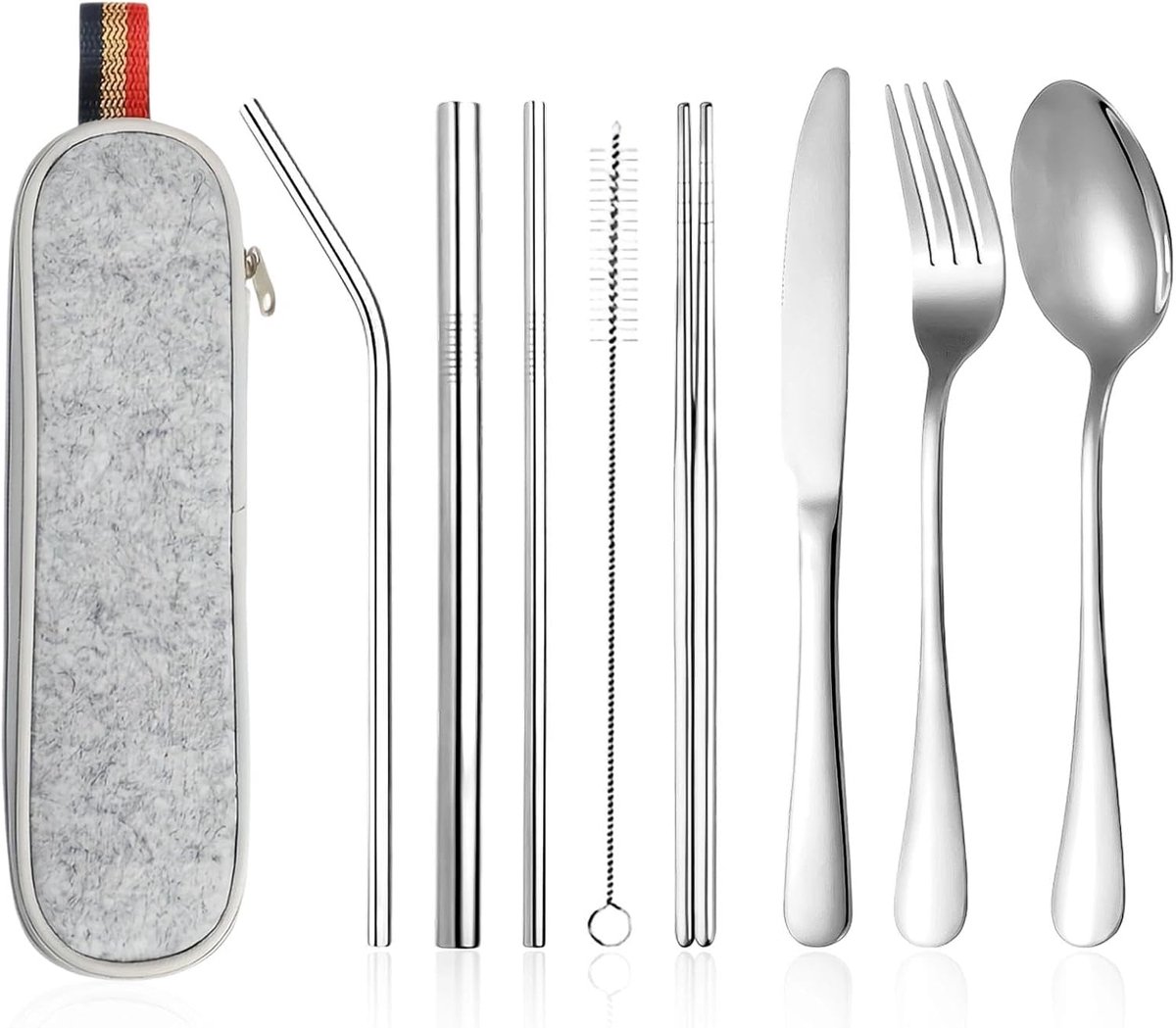 Bestekset, 9-delige roestvrijstalen bestekset met bestektas, draagbare kampeerbestekset – perfect voor picknicks, kamperen, reizen en andere buitenactiviteiten (zilver)