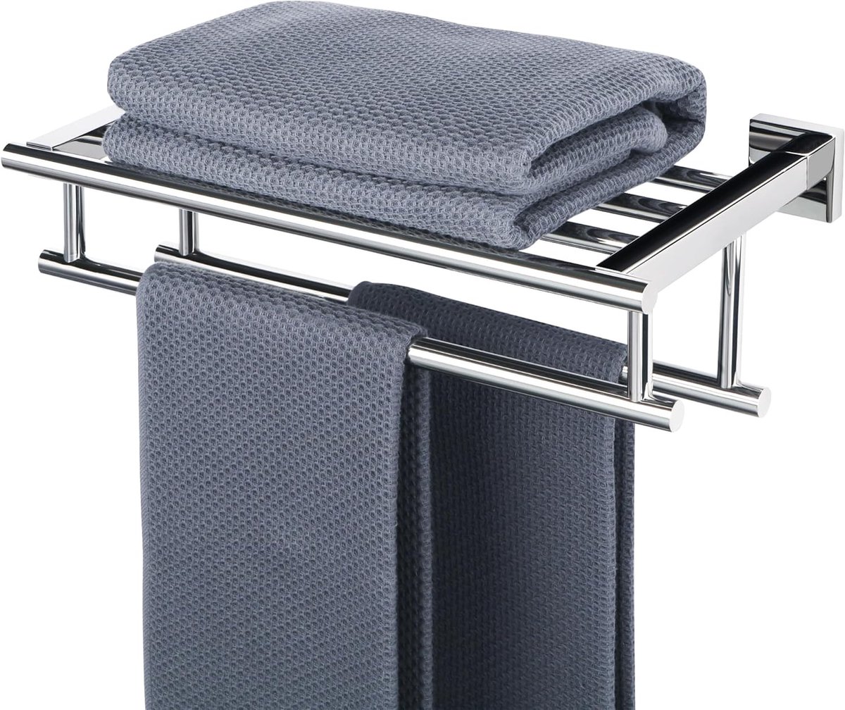 Handdoekenrek Wandmontage 40CM Dubbele Handdoekplank voor Badkamer Handdoekhouder van SUS304 Roestvrij Stalen Handdoekstang Gepolijst, EGZ8040-C