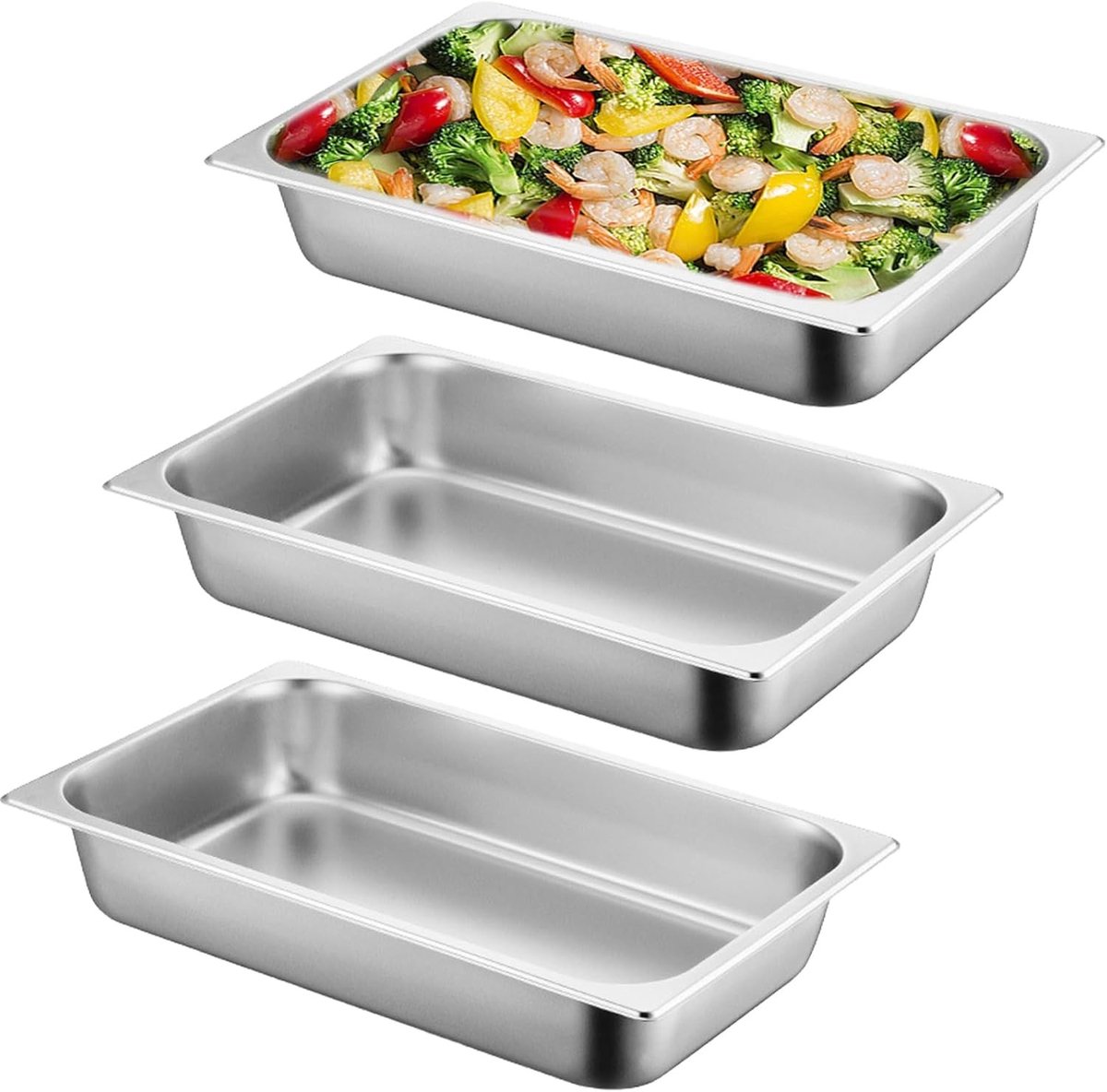 Set van 3 RVS GN 1/3 Containters, 32.5 x 17.5 x 6.5 cm, Ideaal voor Vlees, Vis en Groenten, 2.4 Liter Rectangulaire Panier Bowls