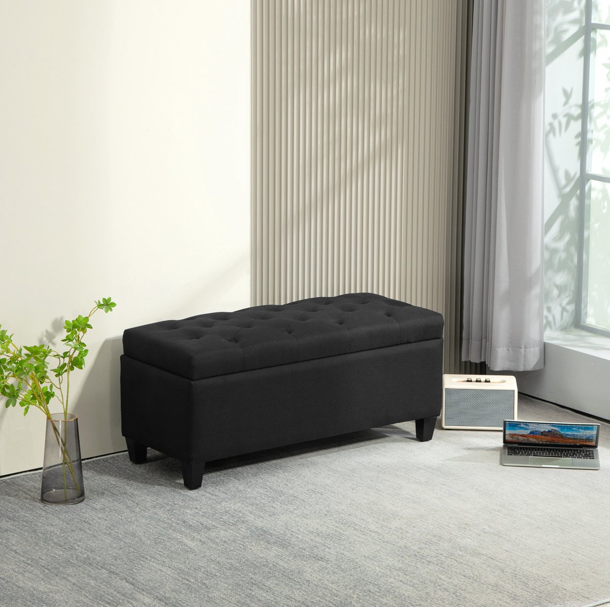 STILVORA Zitbank 100 x 40 x 44 cm - Met Opbergruimte En Gecapitonneerde Zitting - Voor Hal, Slaapkamer En Woonkamer - Polyester Zwart