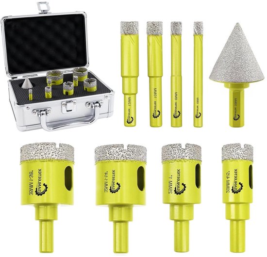 Acht geel-groene diamantboren en een conische frees naast een geopende zilveren opbergkoffer.