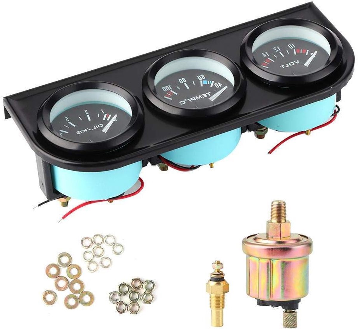 Autometerset 3-in-1 - Dashboard meters - Rijveiligheid Verbeteren - Nauwkeurige Weergave - 52 mm - Zwart