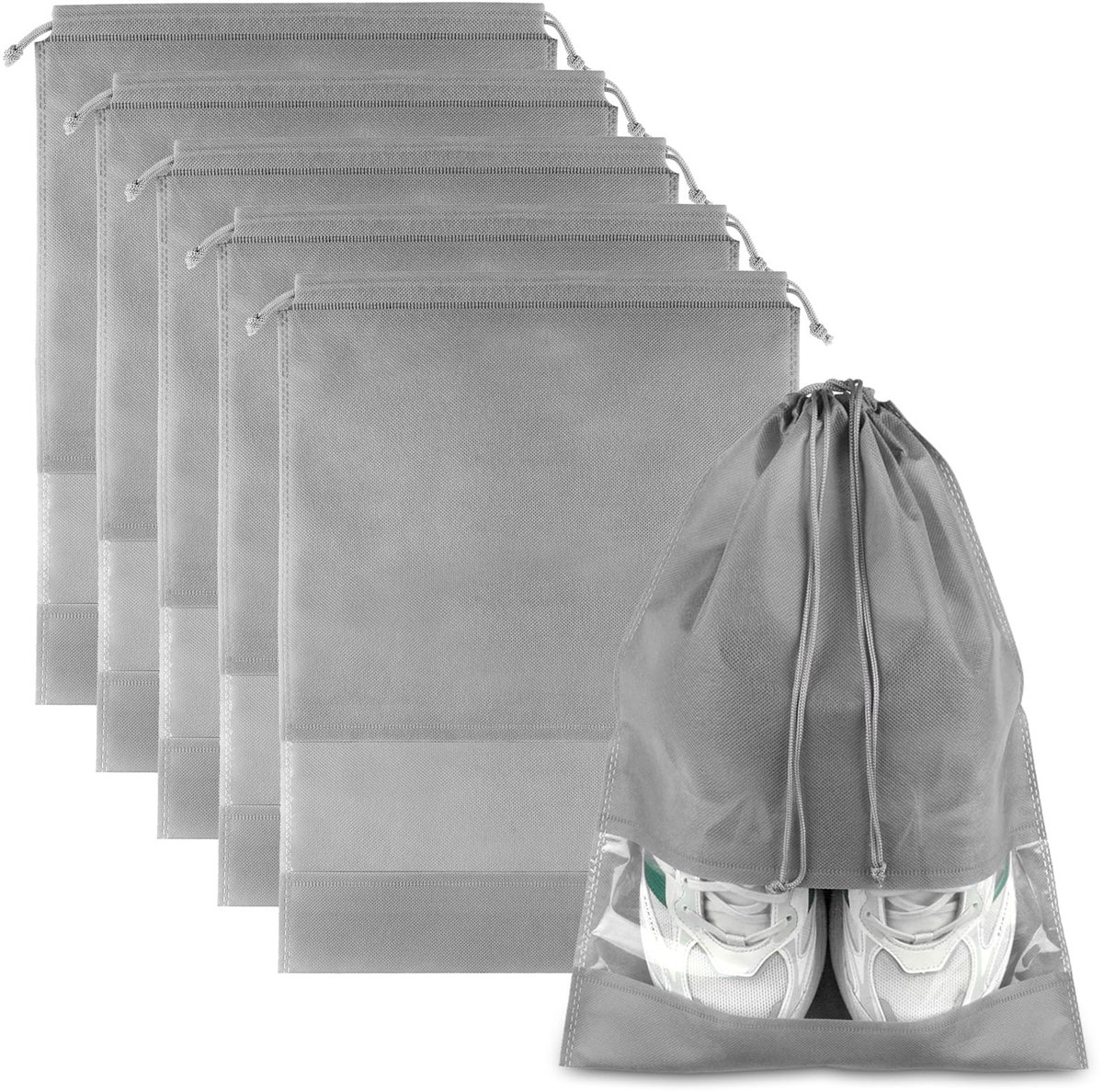 5 Stuks Schoenenzakken voor Reizen – Grote Opbergzakken voor Schoenen met Trekkoord en Transparant Venster – Ademende Reis Organizer voor Sneakers, Sportschoenen en Koffers – Grijs