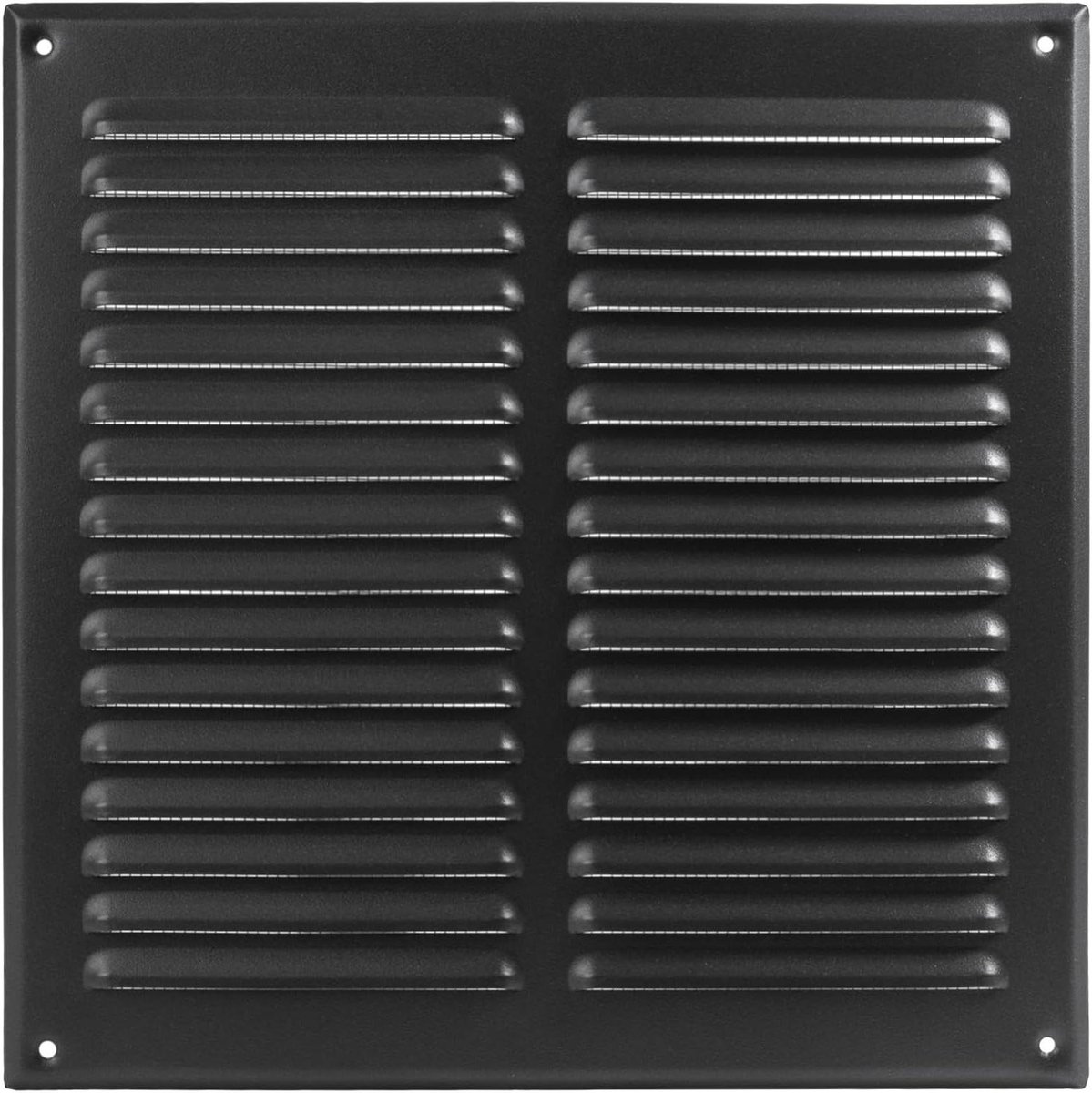 Ventilatierooster Vierkant - Lucht Uitlaat - Ventilatie Binnen Buiten - Met Insectengaas - 25 x 25 cm - Zwart