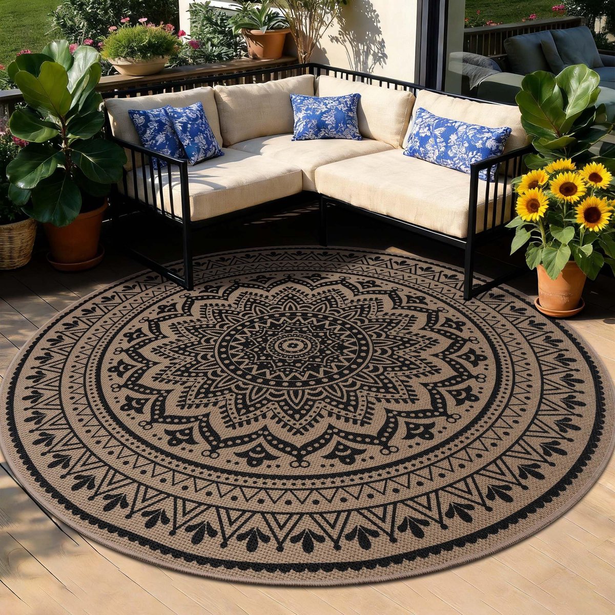 Rond, 160 cm, jute look, tapijt, woonkamer, outdoor, wasbaar, boho-tapijt, bruin, voor slaapkamer, balkon, terras