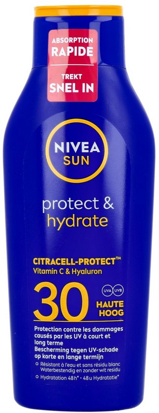 Blauwe fles NIVEA SUN protect & hydrate SPF 30, met gele dop en rode 'Absorptie Rapide' sticker.