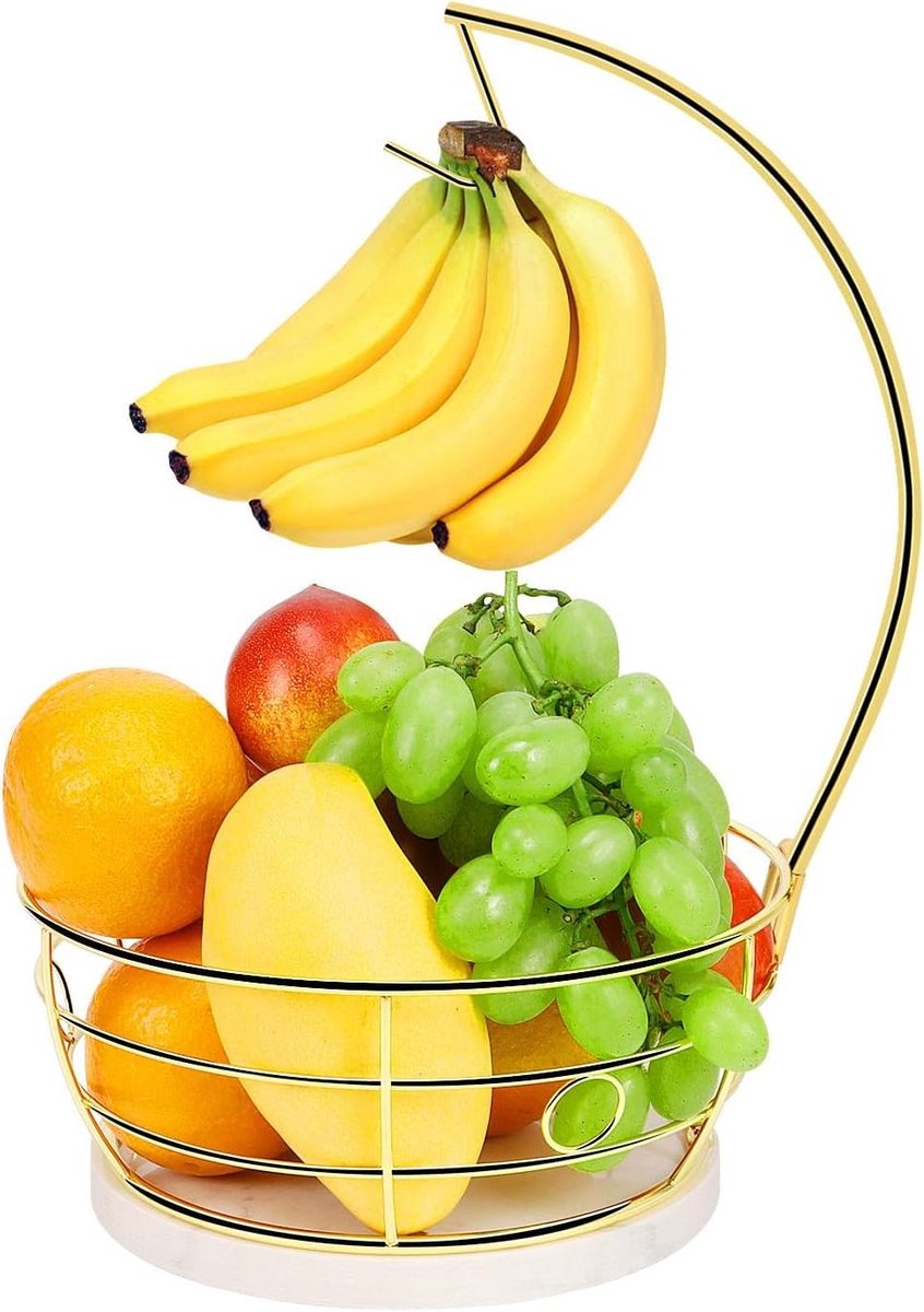 Fruitmand met Bananenhanger - Fruithouder Groenteschaal - Keuken Organiseren - Unieke Marmeren Basis - 22.5 x 22.5 x 39.88 cm