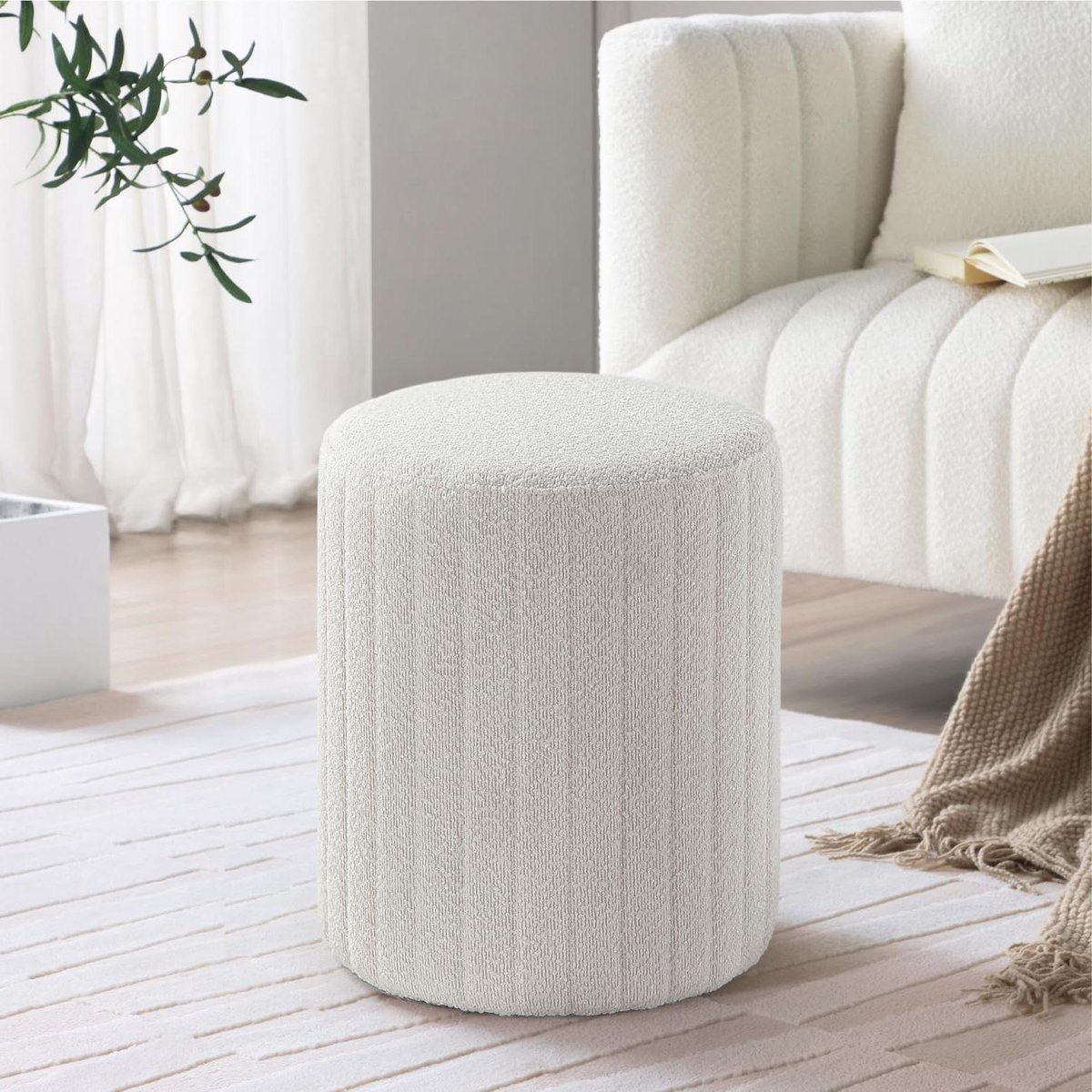 Ronde Ottomaan - Voetenbank Poef - Zitcomfort Creëren - Zacht Gepolsterd - 37 x 44 cm - Wit