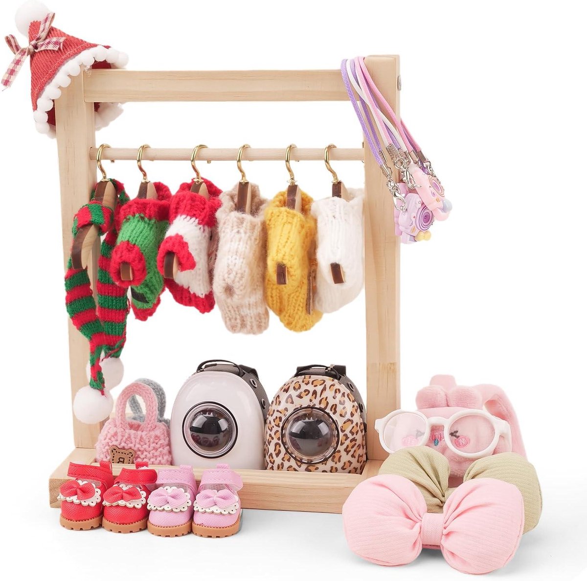 Poppenkast Kledingkast - Poppen Garderobe - Poppen Kleding Opbergen - Inclusief Kledingrek - 17 cm Poppen - Houtkleur