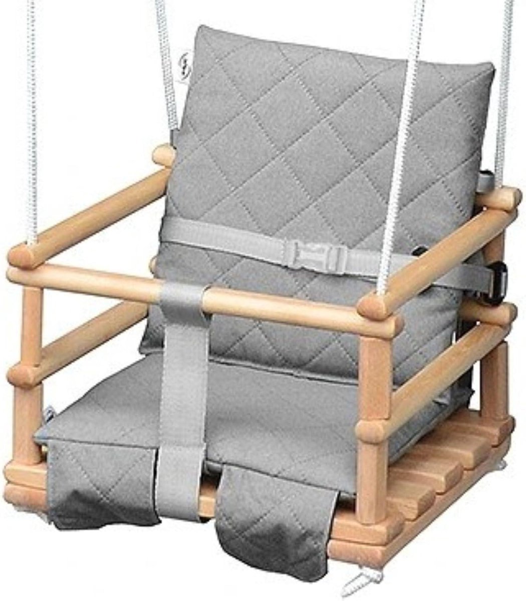 Babyschommel Hout - Babyzitje Binnen - Buiten Spelen - 4-in-1 Verstelbaar - 33 x 31 x 23 cm - Natuurlijk Katoen