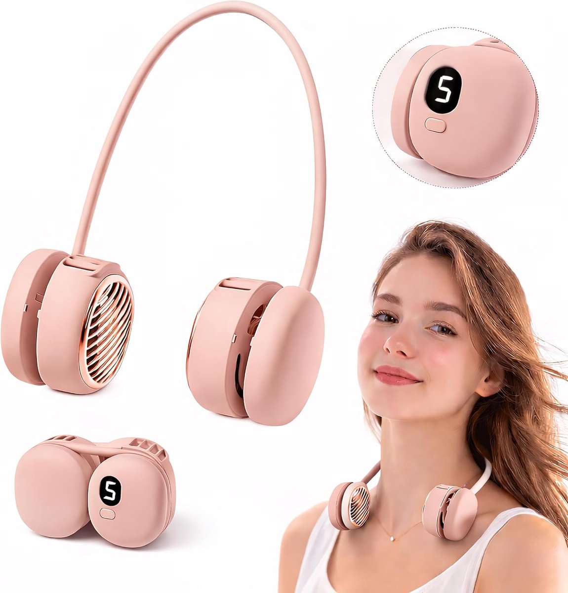 Draagbare Nekventilator - Opvouwbaar - Draadloos & Oplaadbaar - Nek Fan - Met Koeling - Mini Ventilator - Gezichtsventilator - Handventilator - Hals Ventilator - Neck fan - Voor meisjes, op reis, thuis, op kantoor en buiten - Roze