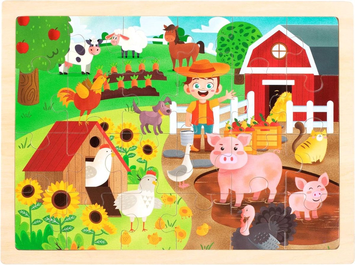 Houten Puzzels - Boerderij Puzzels - Leren Puzzelen - 24 Stukjes - 22 x 30 cm - Multicolor