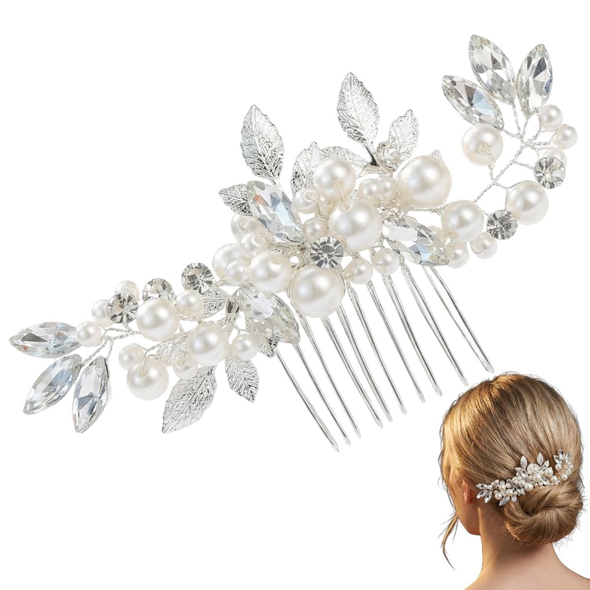 Haarkam/hoofdtooi/haarclip voor dames en vrouwen, haarsieraad voor bruiloft, haarsieraad met parels kristal (zilver)