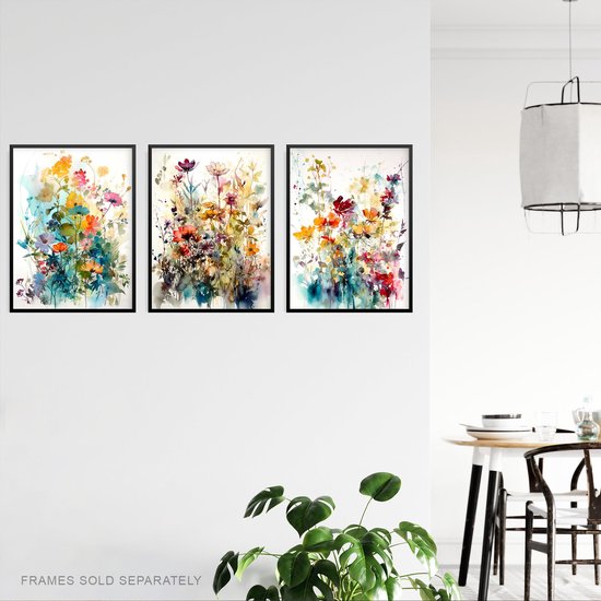 Set of 3 A4 Wildflowers Colourful Watercolour Floral Artworks Spring Flower Field Unframed Wall Art Living Room Poster Prints Pack — afbeelding 2