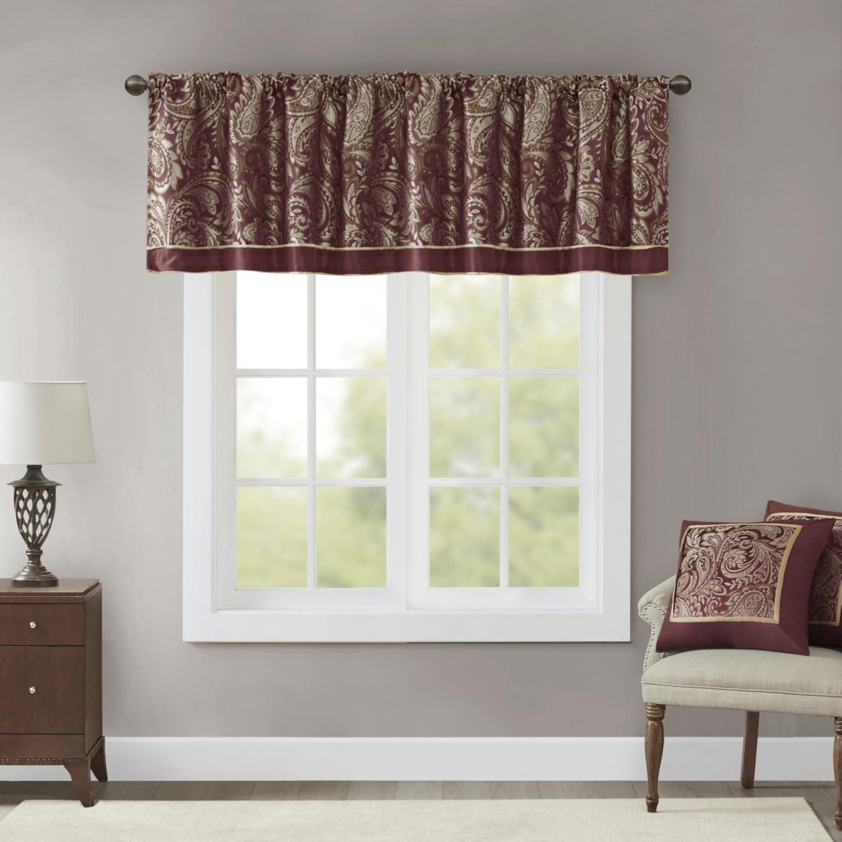 Park Aubrey Kunstzijde Paisley Jacquard, roedezak gordijn met privacyvoering voor woonkamer, keuken, slaapkamer en slaapzaal, 127 x 45 cm, bordeaux