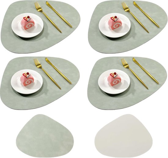 Quatre sets de table vert avocat avec couverts dorés et pâtisseries, et deux sets de table séparés vert et blanc ivoire.