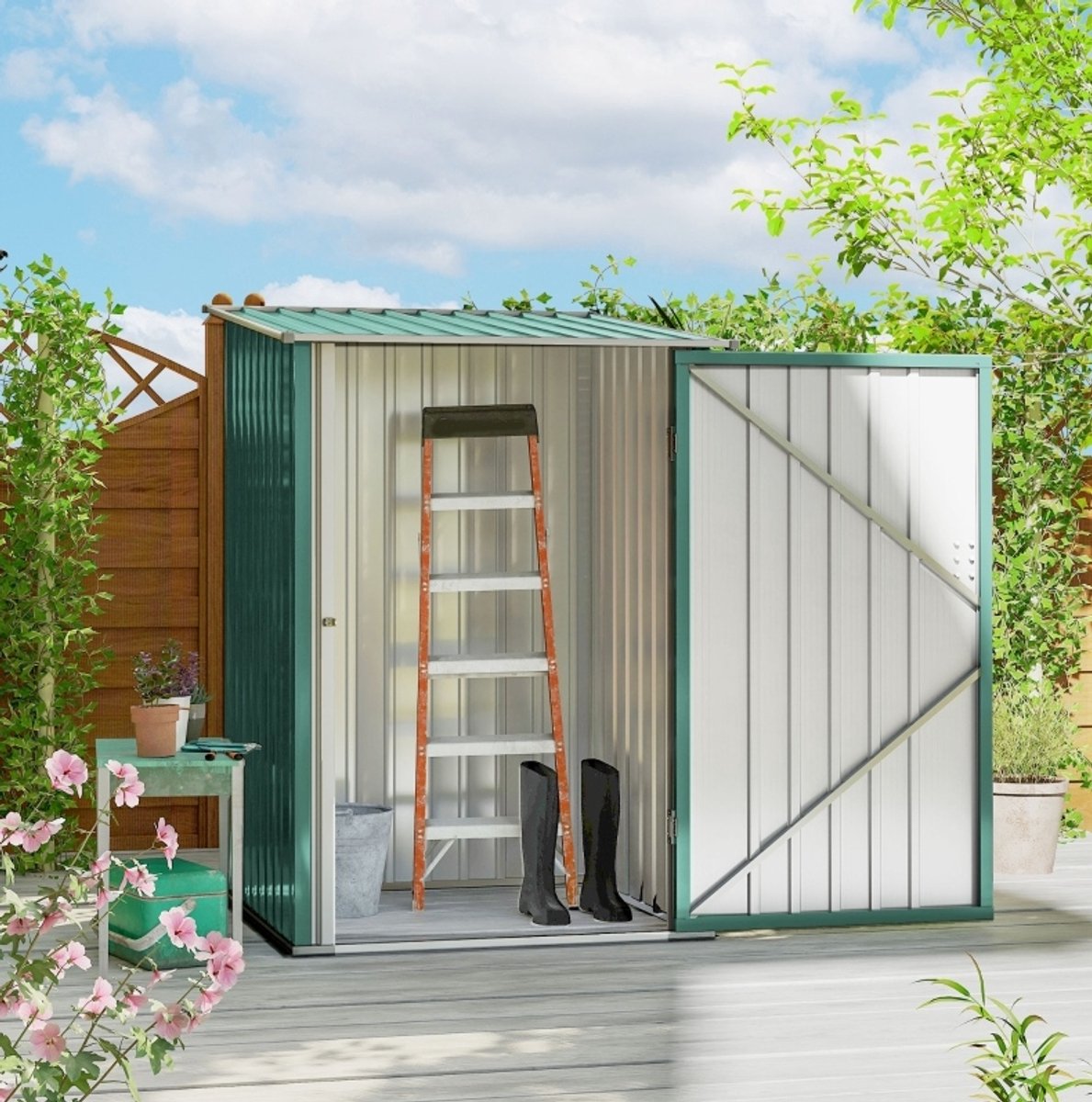 MEUNIQ metalen tuinschuur 100 x 103 x 160 cm met pultdak en afsluitbare deur, groene schuur voor buiten, tuinberging voor tuingereedschap en opslag