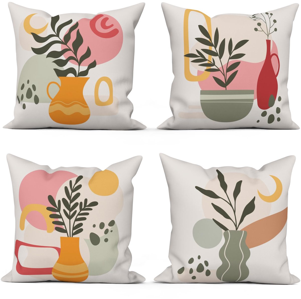 Set van 4 kussenslopen 40 x 40 cm, boheems, vierkant, voor bank, decoratie, kussenhoezen, modern, abstract, kunst, roze, zon, maan bladeren, beige, wasbaar, polyester, textiel, voor buiten