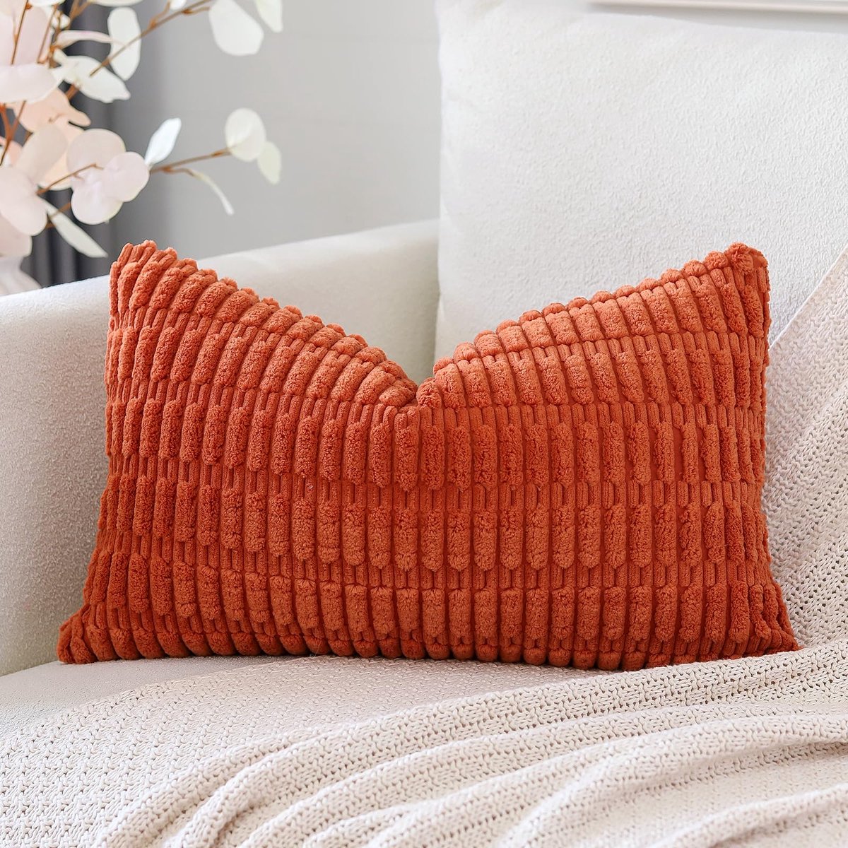 Corduroy set van 1 kussenhoes 40 x 60 cm, super zachte, boho, gestreepte lendenkussenhoezen, decoratieve moderne kussenslopen voor bank, slaapkamer, auto, decoratie, oranje