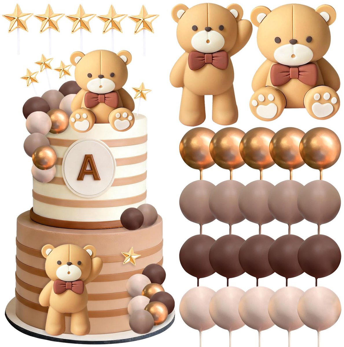 Taartdecoratie beer, 27 stuks teddybeer taarttoppers, taartdecoratie ballen, taarttoppers met ballen, sterren, beer, taartdecoraties voor jongens en meisjes, voor themafeesten, verjaardagsfeesten