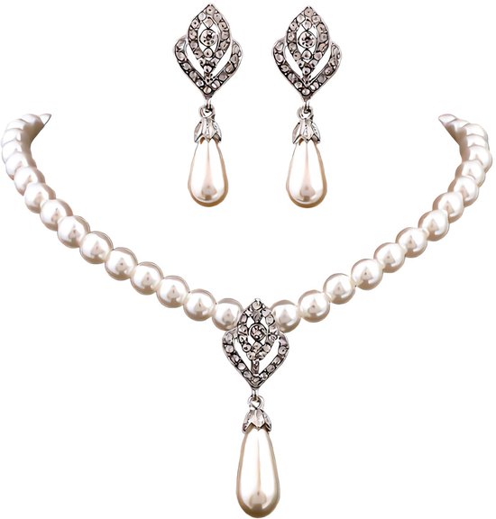 Parel Bloem Ketting Set Bruids Kristal Wit Faux Parel Hanger Ketting Oorbellen Bloemen Strass Faux Parel Ketting Sieraden voor Vrouwen Bruid Bruidsmeisje — afbeelding 5