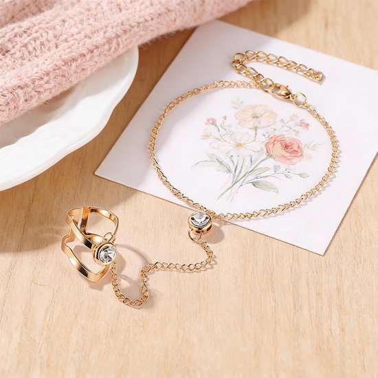 Vingerketting voor dames, 14 K verguld, met zirkonia, waterdicht en nikkelvrij, verstelbare handketting voor elegante stapellook, perfect voor feestjes en dagelijks gebruik — afbeelding 3