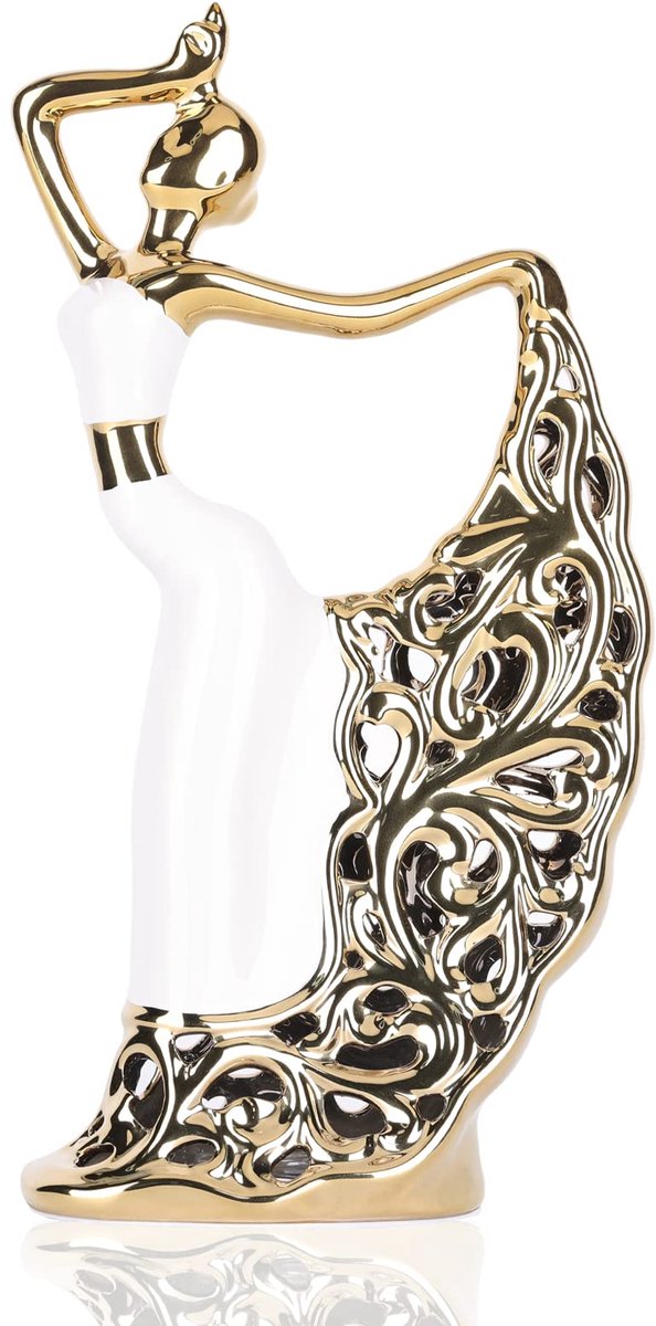 Pauwbeeld en sculptuur, vrouwelijke danser sculptuur, modern huis gouden keramische standbeeld voor salontafel, entree, woonkamer, slaapkamer kantoor decoratie accessoires (wit goud)