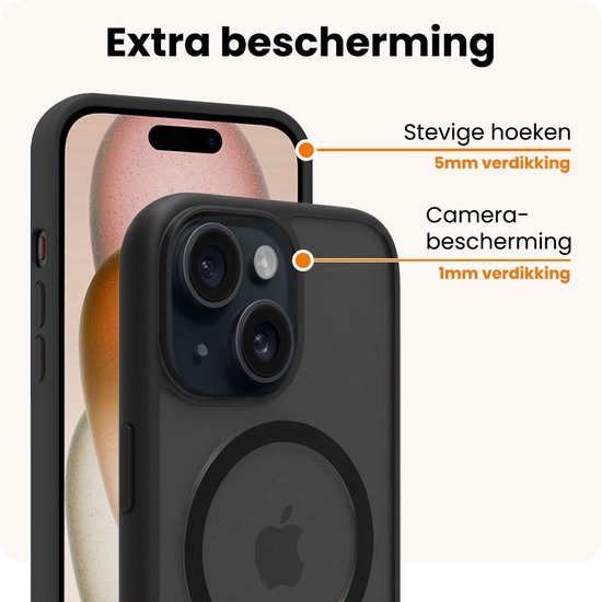 Zwarte iPhone 15 case met verhoogde hoeken en camera bescherming.