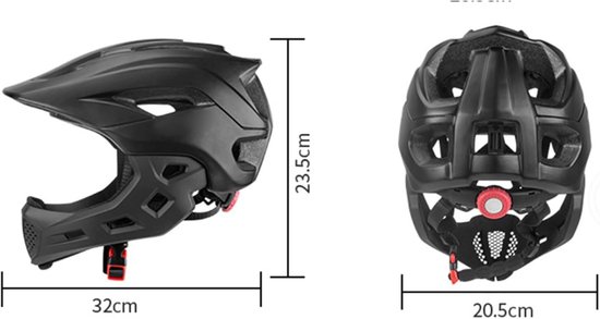 Zwart kinderhelm: zijaanzicht (32x23.5cm) en achteraanzicht (20.5cm).