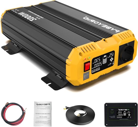 Spanningsomvormer Zuivere Sinus - Omvormer 12V 230V - Stroomvoorziening Onderweg - Externe LCD Controller - 2000W - Zwart