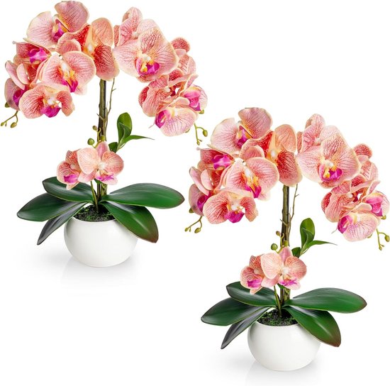 Kunstorchideeën Set - Nepbloemen Pot - Huis Decoratie - Echte Keramische Potten - 40 cm - Lichtroze
