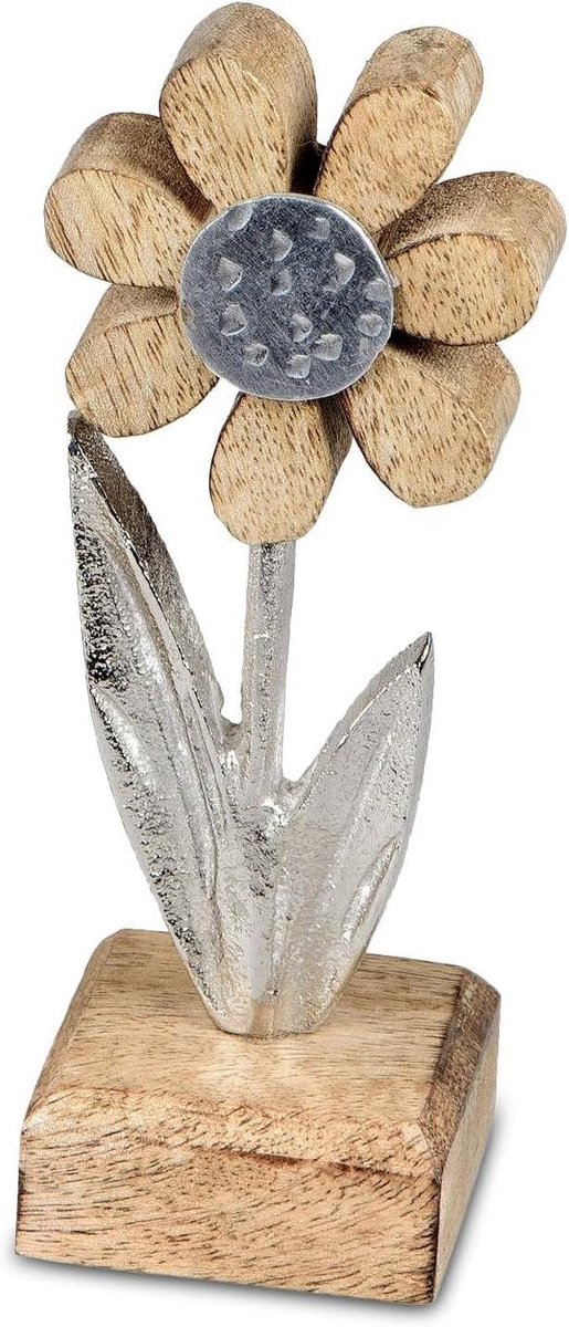 Decoratieve Houten Bloem - Stande Bloem Decoratie - Interieur Verfraaien - Aluminium Mangohout Combinatie - 15 cm - Zilver Bruin