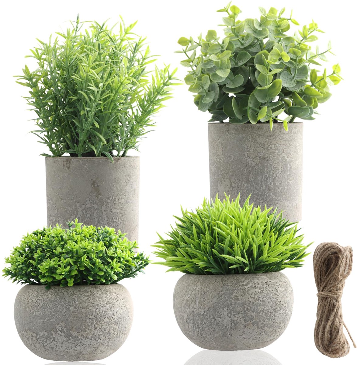 Set van 4 mini kunstplanten in pot, eucalyptus rozemarijnplanten, decoratieve kleine nepplant, plastic potplanten voor woonkamer, kantoor, balkon, binnen en buiten, decoratie