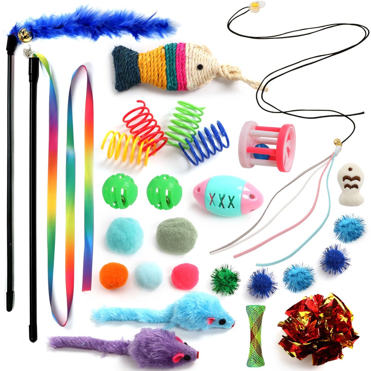 Kattenspeelgoedassortiment - 26 stuks hangend interactief kattenspeelgoed voor binnenkatten, toverstaf, veer, ballen, muis