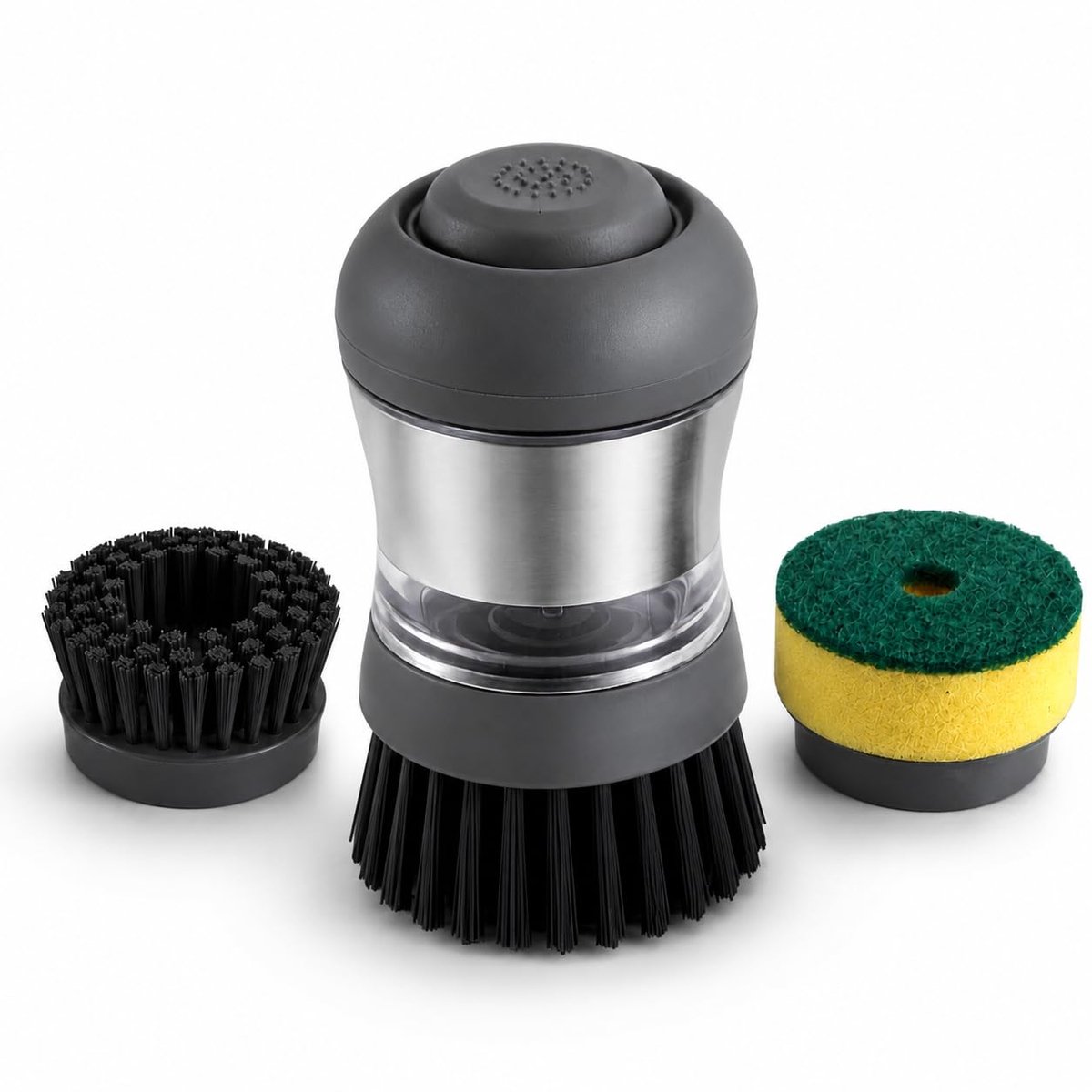 Afwasborstel met zeepdispenser, set met 1 reservekop en 1 spons, navulbare dispenser, keukenborstel voor potten, pannen en servies