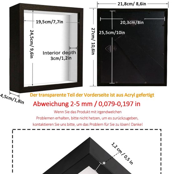 Fotolijst om te vullen, diepe fotolijst om te vullen, 20 x 25 cm, diepe lijst voor muur en desktop, 3D-objectlijst dieper 3 cm, foto's, souvenirs, zwart — afbeelding 5