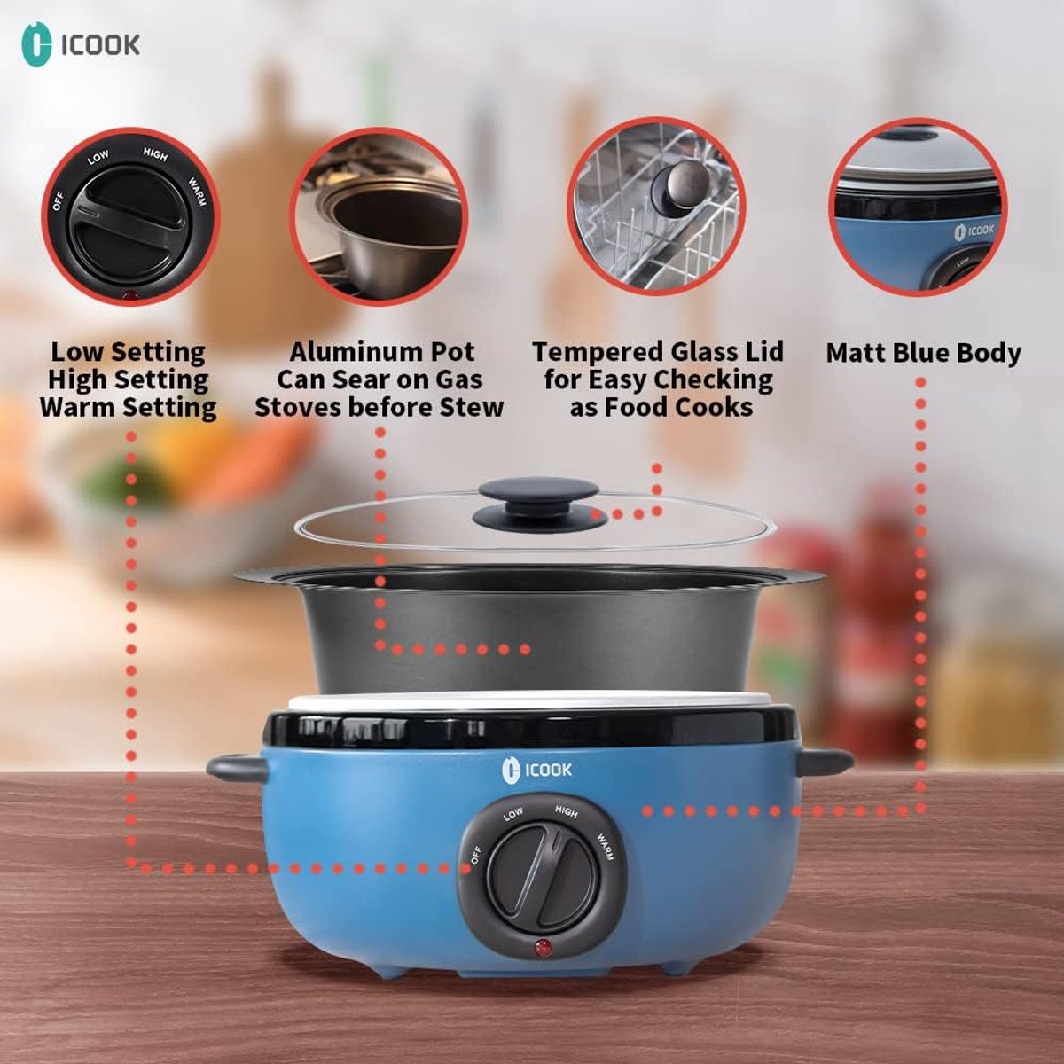 Slowcooker - Stoofpot Pan - Maaltijden Bereiden - Uitneembare Aluminium Pot - 6.5 Quart - Blauw – foto 2