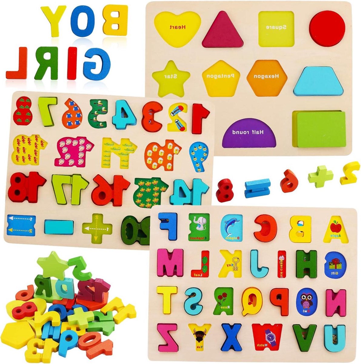 Houten Puzzels - Educatief Speelgoed - Leren Lezen - Alfabet Cijfers Vormen - 70 Stuks - Meerkleurig