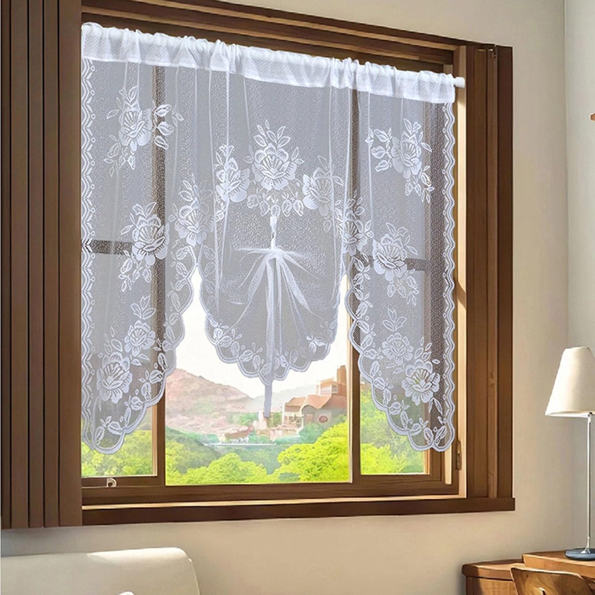 Vitrage keuken (100x150cm) - semi-transparant bloemen & bladeren borduurwerk kant voile M-boog, stangdoorgang, polyester, wit - landhuisstijl