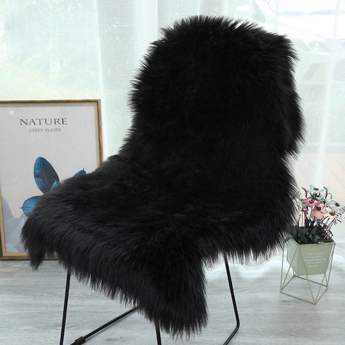 50 x 80 cm tapijt van imitatiebont, pluizig schapenvacht tapijt, faux fleece stoelhoes zitkussen, shaggy tapijten, antislip wasbaar tapijt voor slaapkamer, woonkamer, kinderkamer (zwart 19,6 x