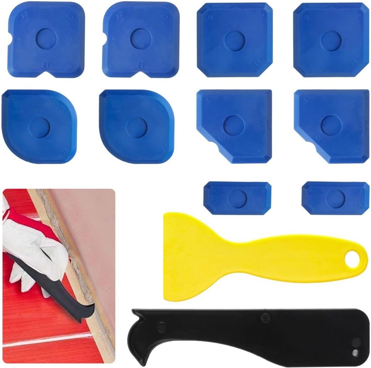 Kit Gereedschapset - Kitverwijderaar Gladmaker - Naden Afwerken - 12 Delige Set - 10 Gladmakers - Blauw Geel Zwart