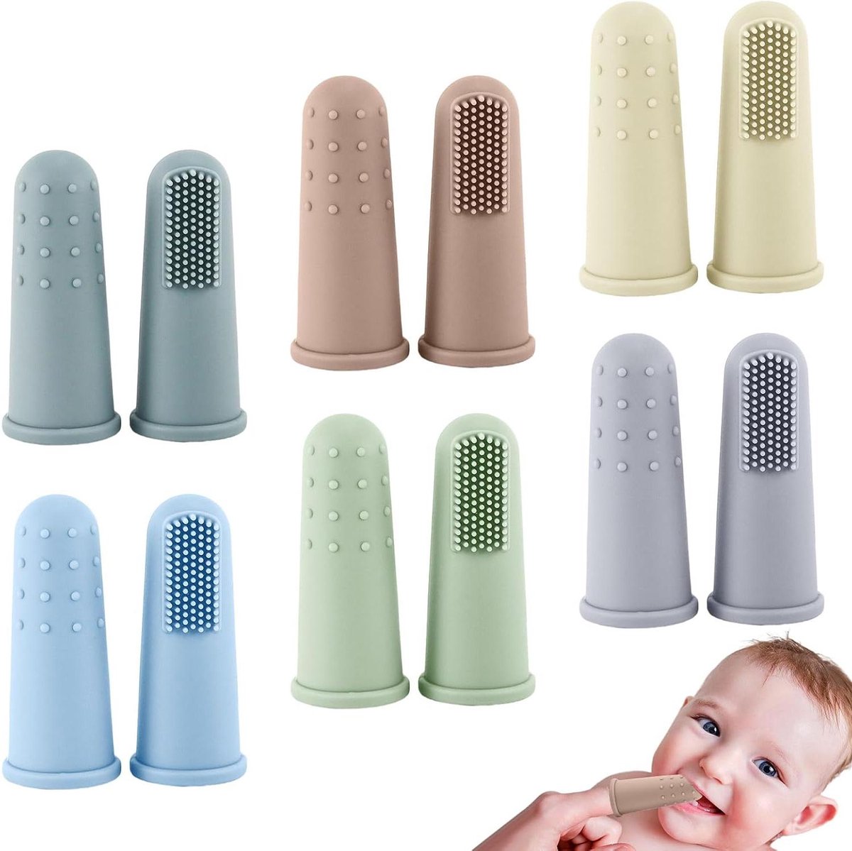 Babytandenborstel Vinger - Siliconen Tandenborstel - Mondverzorging Baby - Voedselveilig Siliconen - 12 Stuks - Meerdere Kleuren