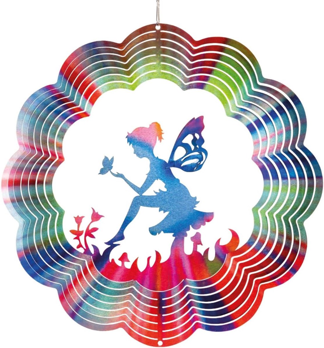 metalen windgong - Rainbow Relaxing Fairy - licht draaiende windmobiel met schitterende kleuren - inclusief ophanging - sfeervolle kamer-, raam- en tuindecoratie - Ø 30cm