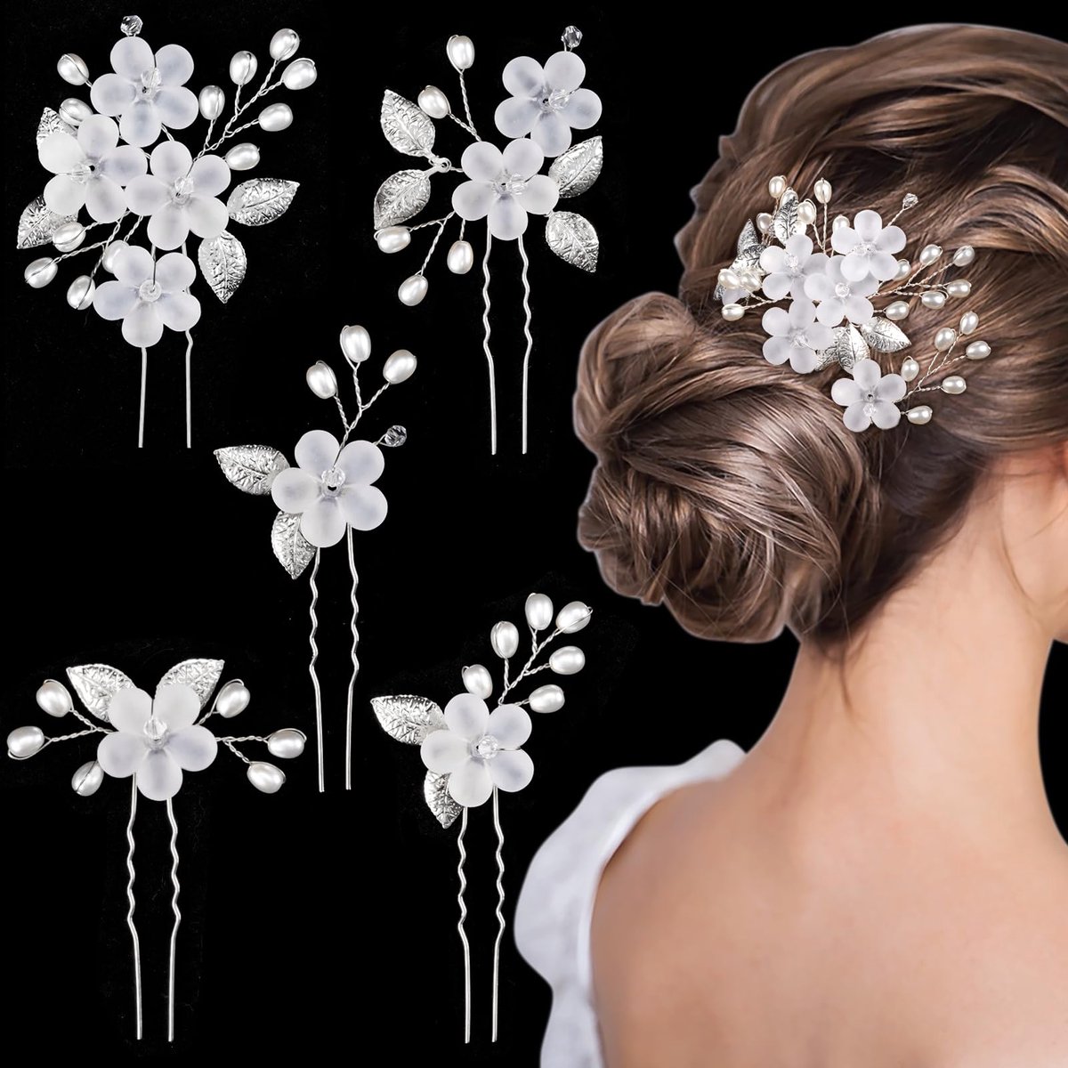 5 stuks bruiloft haarspelden, bloemen parels bruids haaraccessoires zilver bruidssieraden haar U-vormig bruiloft haarspelden voor vrouwen meisjes