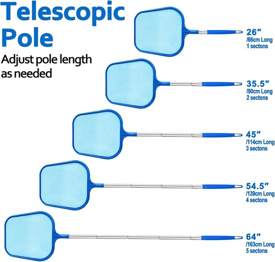Vijverschepnet en zwembadschepnet met telescoopstang (66-163 cm), fijnmazig net voor zwembadreiniging, algenschepnet voor zwembaden, vijvers, spa, whirlpools, 5-polige telescopische aluminium — afbeelding 2