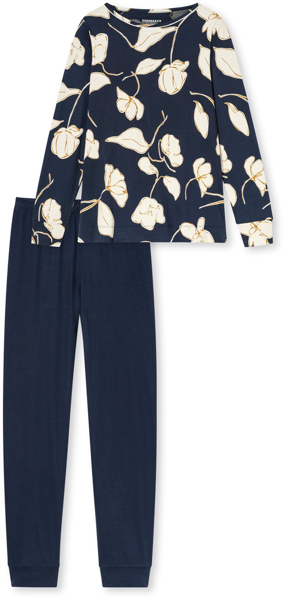 Schiesser pyjama dames - lange mouw - katoen en modal - Bloemenprint Comfort Nightwear - nachtkleding - 38 - Blauw deep sea blue