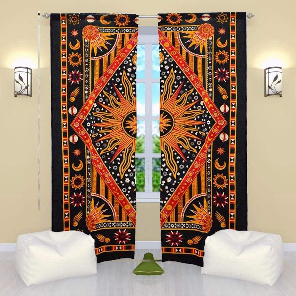 Handicrafts Indiase brandende zon hippie mandala raamgordijnen - zigeuner Boheemse zon maan mooie gordijnen slaapkamer woonkamer balkon volant panelen goud