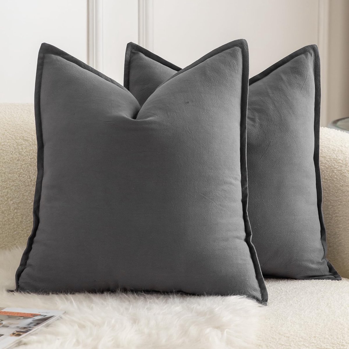 Set van 2 Neutrale katoenen kussenslopen 50 x 50 cm, effen decoratieve bankkussenkussensloop, boho, boerderij, woondecoratie voor bank, woonkamer, bed, slaapkamer, grijs